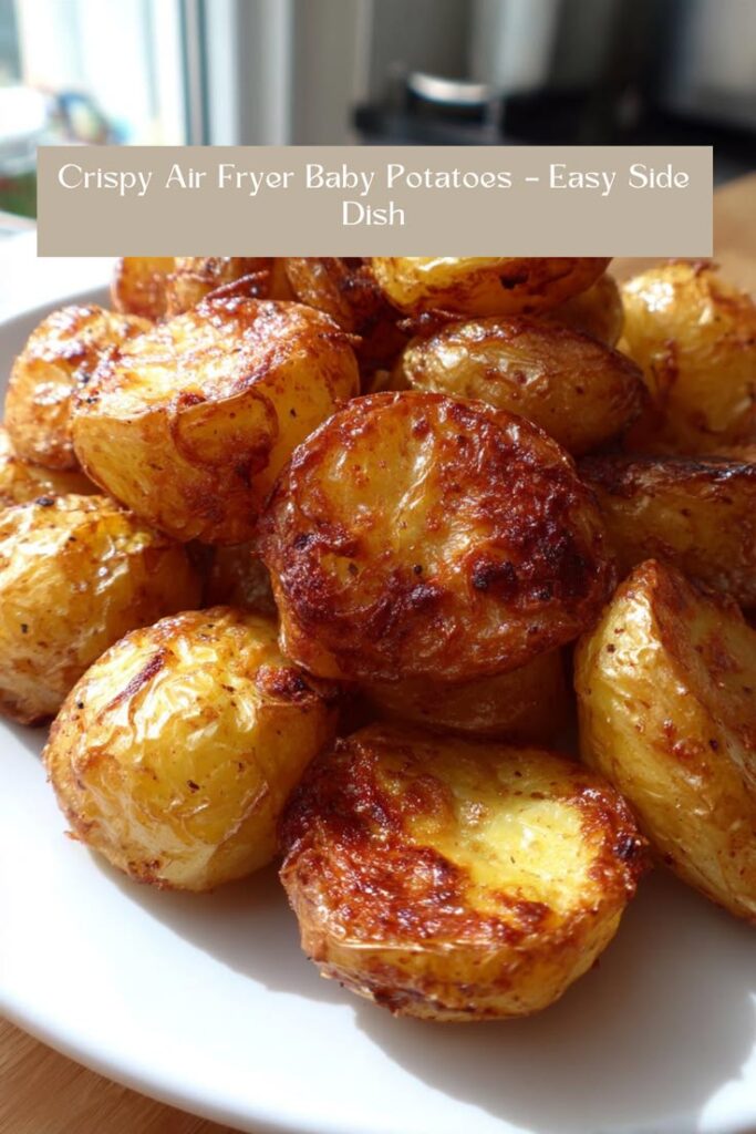 Crispy golden easy air fryer baby potatoes seasoned with garlic and herbs
