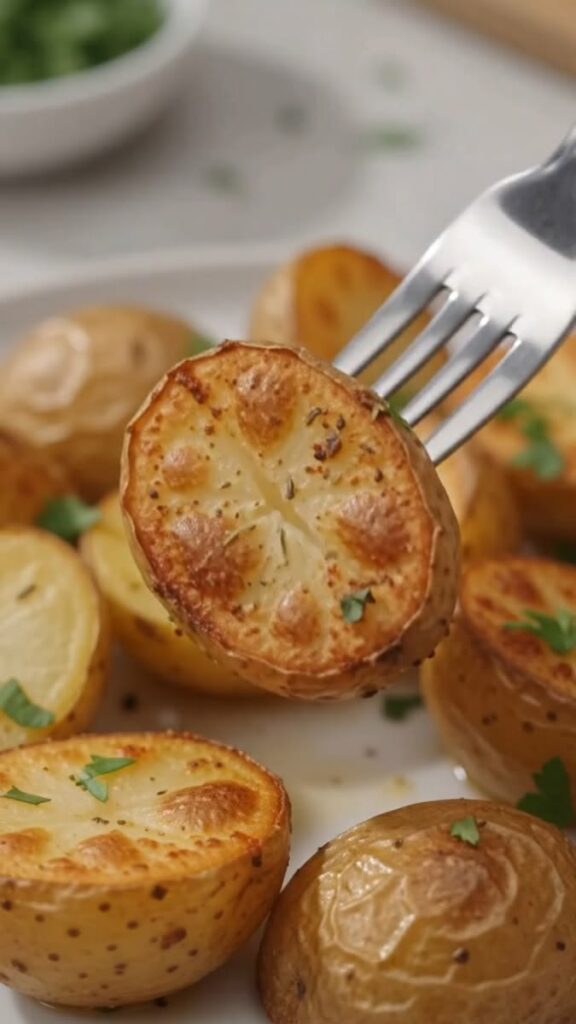 Crispy golden easy air fryer baby potatoes seasoned with garlic and herbs