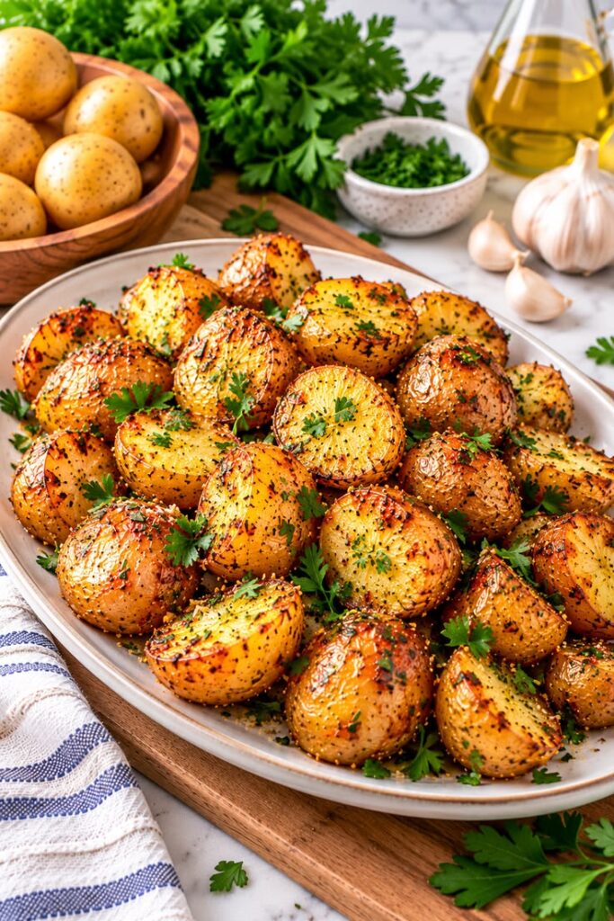 Crispy golden easy air fryer baby potatoes seasoned with garlic and herbs