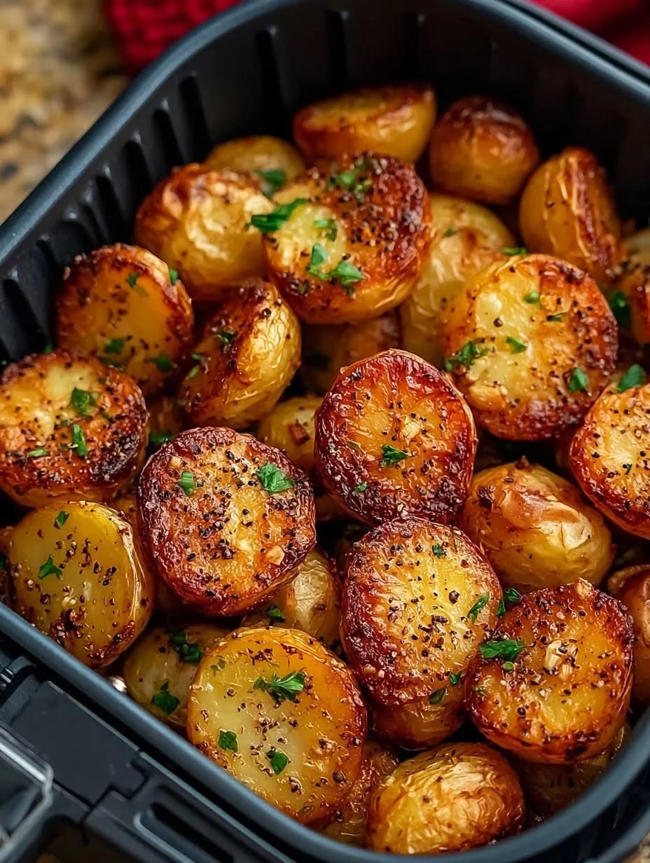 Crispy golden easy air fryer baby potatoes seasoned with garlic and herbs